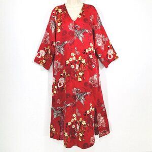 Vtg Natori Kaftan Kimono Robe Sz M Red Satin Floral Birds Zip Front Pockets Art